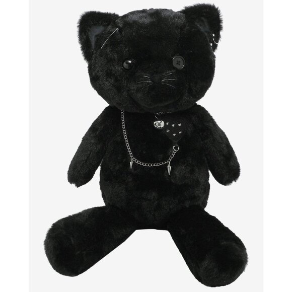 Goth Black Cat Plush Backpack Pins Chains Studs Hardware NEW - Picture 5 of 8
